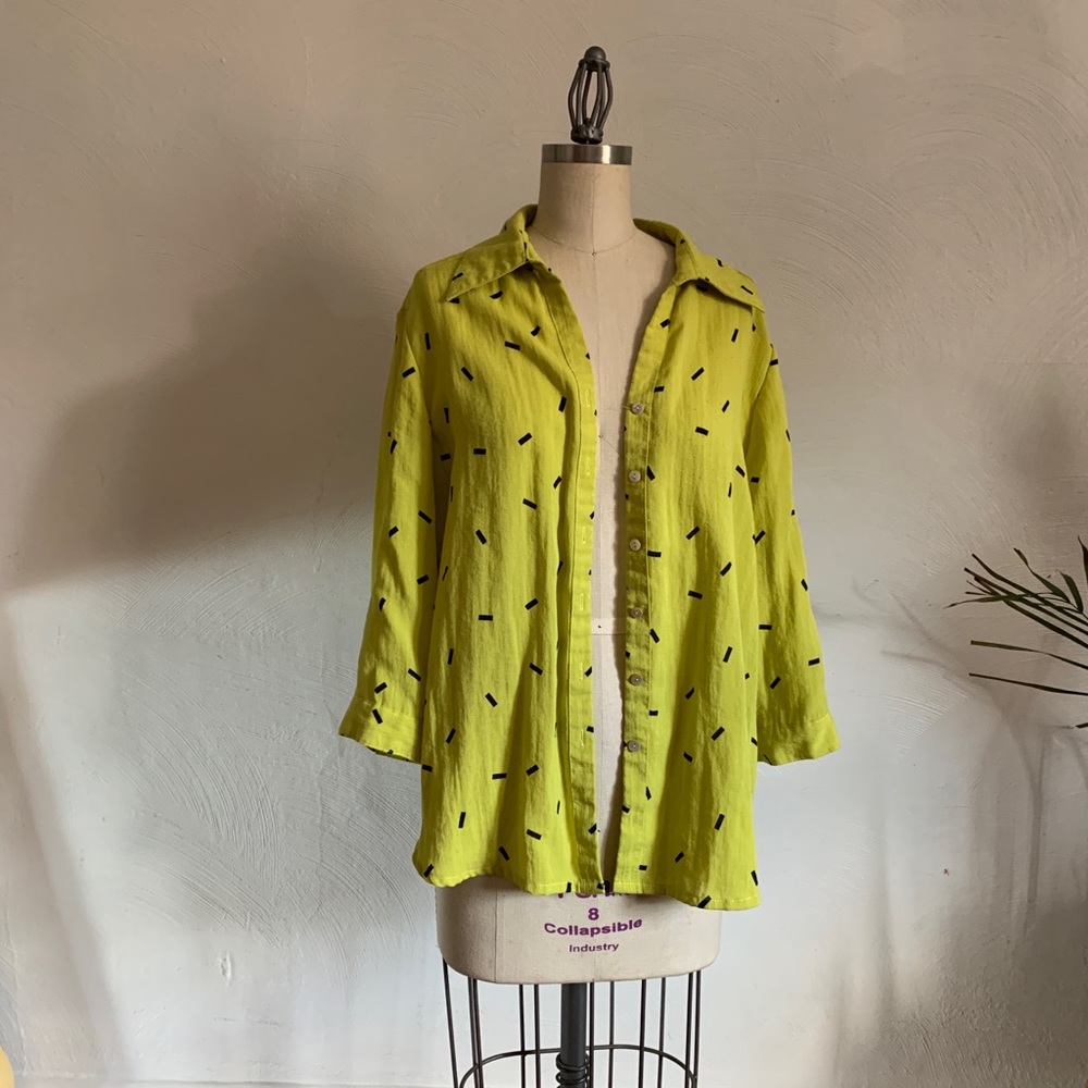 LINEN FRIDAZE maximalist button up tunic neon chartreuse lime with pop geometric - Picture 4 of 10